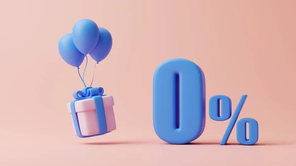 Caixa Presente Balões Sinal Zero Por Cento Fundo Rosa Pastel — Fotografia de Stock
