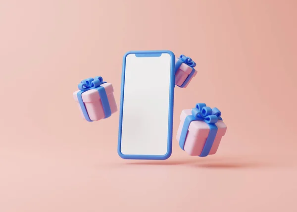 礼品盒和手机在粉红的背景上 假日装饰 节日礼物惊喜 最低限度的创意概念 3D渲染说明 — 图库照片