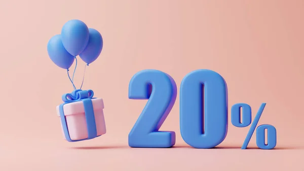 Gift Box Balloons Twenty Percent Sign Pastel Pink Background Holiday — Stock Photo, Image