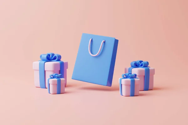 Geschenkschachteln Und Einkaufstasche Auf Pastellrosa Hintergrund Feiertagsdekoration Festliche Geschenküberraschung Minimalistisches — Stockfoto