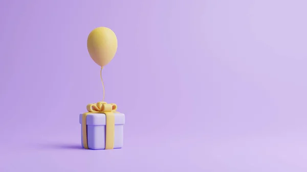 礼品盒和气球涂在紫褐色的背景上 假日装饰 节日礼物惊喜 最低限度的创意概念 3D渲染说明 — 图库照片