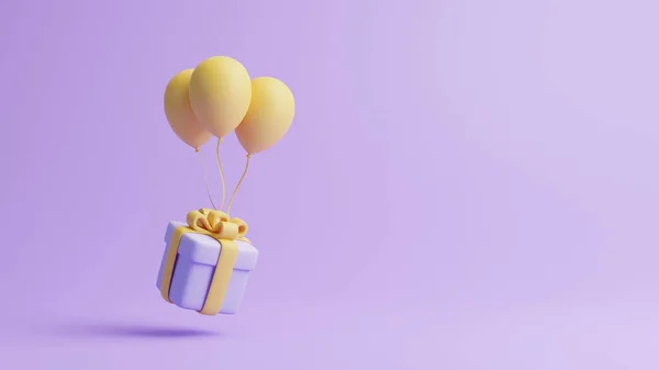 Κουτί Δώρου Και Μπαλόνια Παστέλ Μωβ Φόντο Διακόσμηση Διακοπών Εορταστική — Φωτογραφία Αρχείου