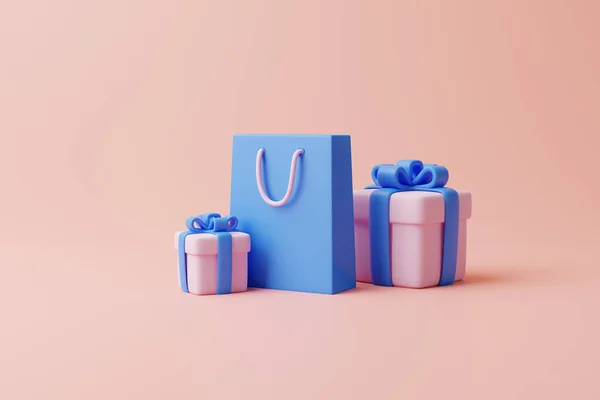 礼品盒和购物袋 粉红底色 假日装饰 节日礼物惊喜 最低限度的创意概念 3D渲染说明 — 图库照片