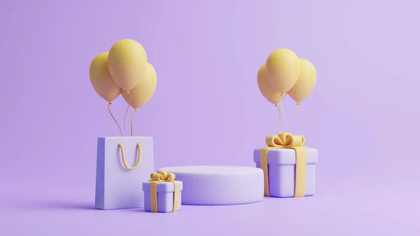 Podyum Hediye Kutuları Alışveriş Çantası Pastel Mor Arka Planda Balonlar — Stok fotoğraf