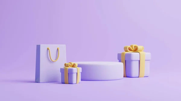 礼品盒和购物袋 底色为淡紫色 假日装饰 节日礼物惊喜 最低限度的创意概念 3D渲染说明 — 图库照片