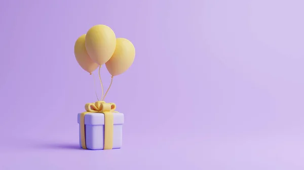 Caixa Presente Balões Fundo Púrpura Pastel Decoração Férias Presente Festivo — Fotografia de Stock