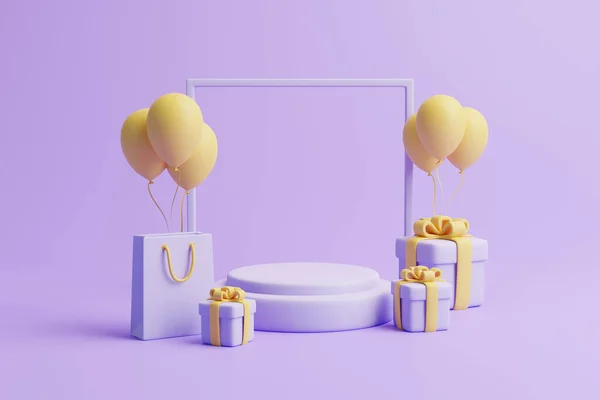 Podium Caixas Presente Saco Compras Balões Moldura Fundo Púrpura Pastel — Fotografia de Stock
