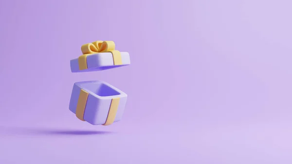 礼品盒在紫色的背景上飘扬 假日装饰 节日礼物惊喜 最低限度的创意概念 3D渲染说明 — 图库照片