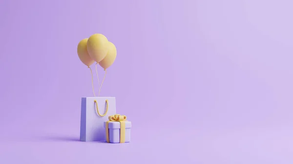 礼品盒 购物袋和气球 底色为淡紫色 假日装饰 节日礼物惊喜 最低限度的创意概念 3D渲染说明 — 图库照片