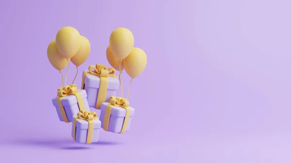 Gift boxes and balloons on pastel purple background. Holiday decoration. Festive gift surprise. Minimalist creative concept. 3d rendering illustration