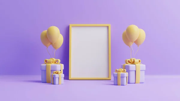 Dárkové Krabice Balónky Portrétní Rám Pastelově Fialovém Pozadí Dovolenková Výzdoba — Stock fotografie