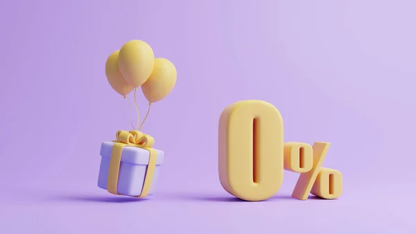 Caixa Presente Balões Sinal Zero Por Cento Fundo Púrpura Pastel — Fotografia de Stock