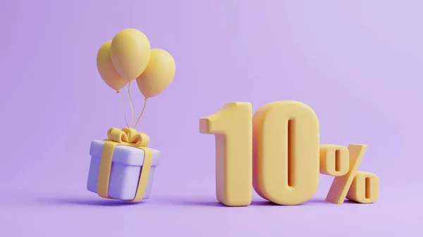 Gift box, balloons and ten percent sign on pastel purple background. Holiday decoration. Festive gift surprise. Minimalist creative concept. 3d rendering illustration