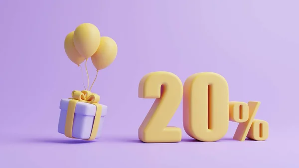 Gift Box Balloons Twenty Percent Sign Pastel Purple Background Holiday — Stock Photo, Image