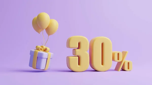 Gift Box Balloons Thirty Percent Sign Pastel Purple Background Holiday — Stock Photo, Image