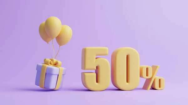 Gift Box Balloons Fifty Percent Sign Pastel Purple Background Holiday — Stock Photo, Image