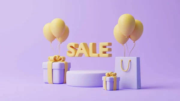 Podium Caixas Presente Saco Compras Balões Fundo Púrpura Pastel Decoração — Fotografia de Stock