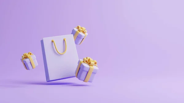 礼品盒和购物袋 底色为紫褐色 假日装饰 节日礼物惊喜 最低限度的创意概念 3D渲染说明 — 图库照片