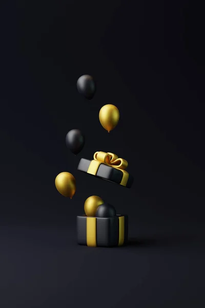 黒の背景にギフトボックスと風船 休日の装飾 祝いの贈り物の驚き 最小限の創造的な概念 3Dレンダリング図 — ストック写真