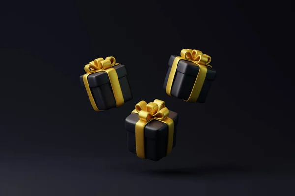 礼品盒在黑色的背景上飘扬 假日装饰 节日礼物惊喜 最低限度的创意概念 3D渲染说明 — 图库照片
