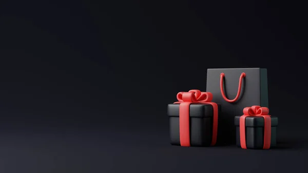 Pudełka Torba Zakupy Czarnym Tle Świąteczne Dekoracje Świąteczna Niespodzianka Minimalistyczna — Zdjęcie stockowe