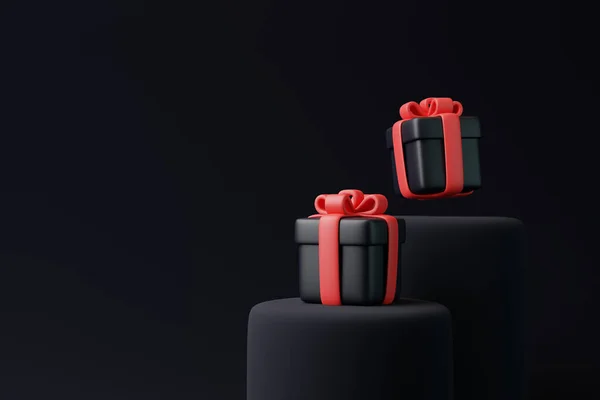 Podium Und Geschenkboxen Auf Schwarzem Hintergrund Feiertagsdekoration Festliche Geschenküberraschung Minimalistisches — Stockfoto
