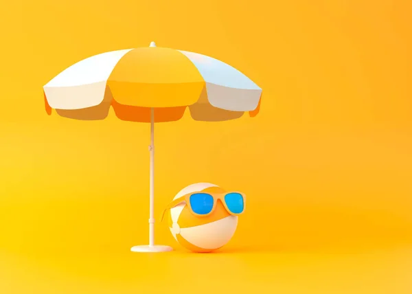 Pallone Spiaggia Sotto Ombrello Indossando Occhiali Sole Sfondo Giallo Concetto — Foto Stock