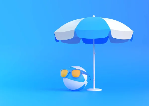 Pallone Spiaggia Sotto Ombrello Indossando Occhiali Sole Sfondo Blu Concetto — Foto Stock