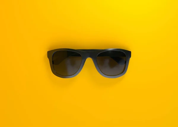 黄色の背景に黒いサングラス 最上階だ 最小限の創造的な概念 3Dレンダリング3Dイラスト — ストック写真