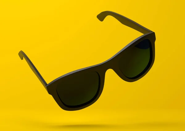 Black Summer Sunglasses Falling Pastel Bright Yellow Background Side View — Stock Photo, Image