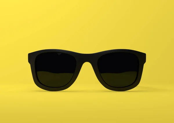 黒の夏のサングラスのパステル明るい黄色の背景に落ちている 正面図 創造的な最小限の概念 3Dレンダリング図 — ストック写真