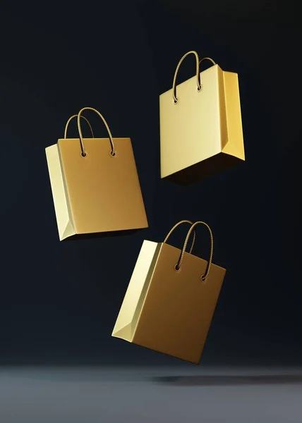 黒い背景に空の金の色のショッピングバッグを飛んで スペーステキストをコピーし 創造的な概念 3Dレンダリング図 — ストック写真
