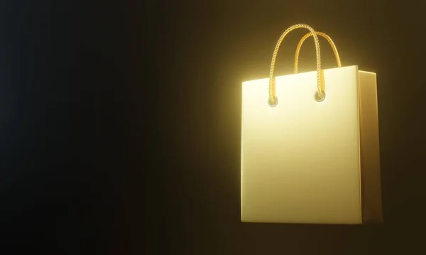 Leere Goldfarbene Einkaufstasche Auf Schwarzem Hintergrund Leertaste Kreatives Konzept Darstellung — Stockfoto