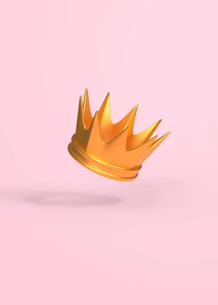 Golden crown flies on a pink background. Minimal creative concept. 3D rendering, 3D illustration