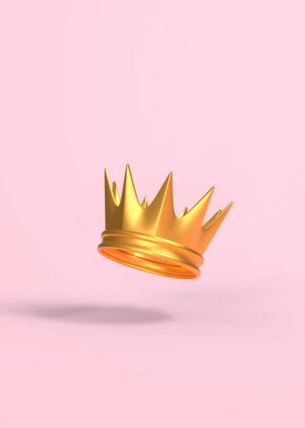 ピンクの背景に金色の王冠が飛んできます 最小限の創造的な概念 3Dレンダリング 3Dイラスト — ストック写真
