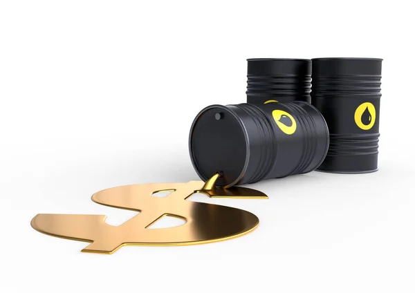 Баррель Нефтью Проливает Золотой Знак Доллара Белом Фоне Черная Бочка — стоковое фото