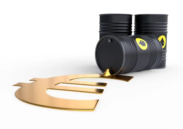 白い背景に金色のユーロ記号をこぼす油のバレル 油が流出する黒い樽 石油価格のインフレ 3Dレンダリング図 — ストック写真