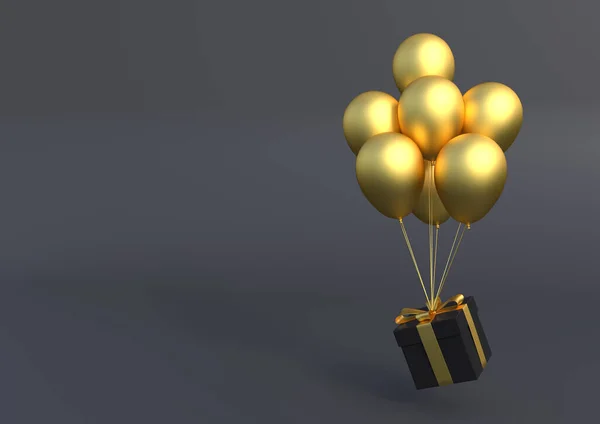 Caixa Presente Preta Com Fita Dourada Balão Sobre Fundo Preto — Fotografia de Stock