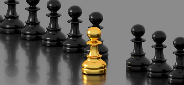 下棋的黄金棋子 从黑人中脱颖而出 3D渲染示例 — 图库照片