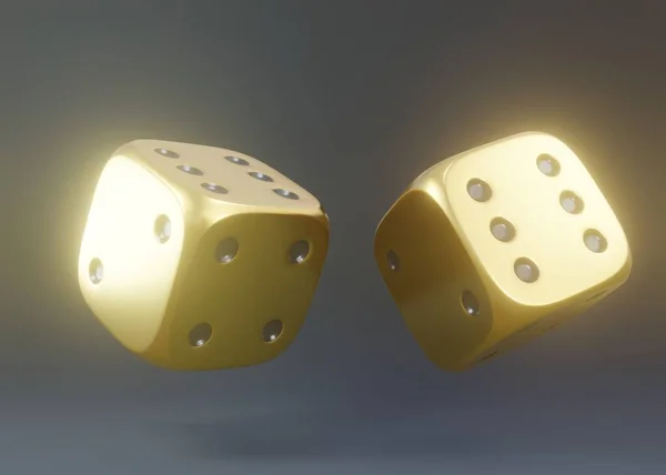 两个金色的滚动赌博骰子在一个黑色背景的飞行 幸运骰子棋盘游戏赌钱3D渲染说明 — 图库照片