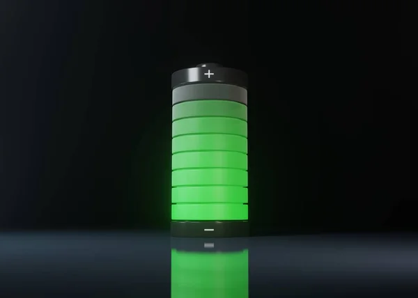 Aufgeladener Akku Mit Leuchtend Grünem Licht Isoliert Über Schwarzem Hintergrund — Stockfoto
