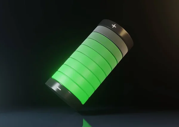 Laddat Batteri Med Glödande Grönt Ljus Isolerad Över Svart Bakgrund — Stockfoto