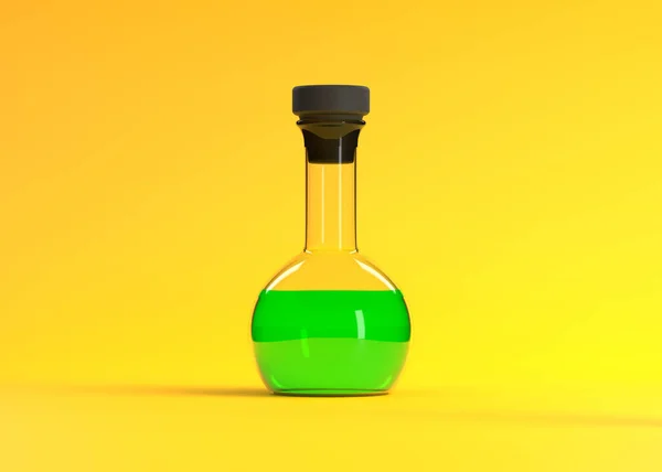 黄色の背景に緑色の液体でフラスコ 化学フラスコ 研究室用ガラス製品 最小限のコンセプト 3Dレンダリング図 — ストック写真