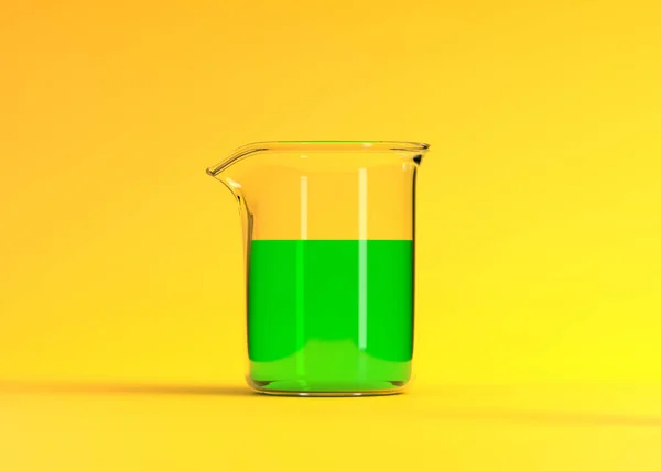 Beker Met Groene Vloeistof Gele Achtergrond Scheikundekolf Laboratoriumglaswerk Apparatuur Minimaal — Stockfoto