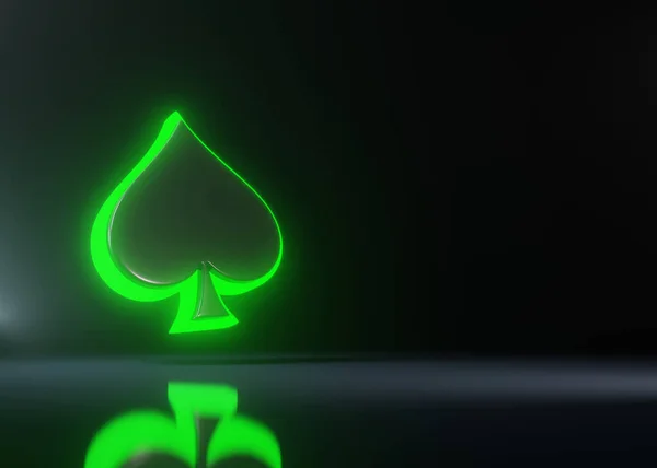 黒い背景に孤立した未来的な緑の輝くネオンライトでカードのシンボルスペードを再生アクセスします 3Dレンダリング図 — ストック写真