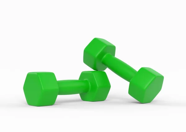 两只绿色塑料或金属哑铃 用于健身 白色背景隔离 前面的景色健身房和健身器材 解决工具 运动训练和提升的概念 3D渲染说明 — 图库照片