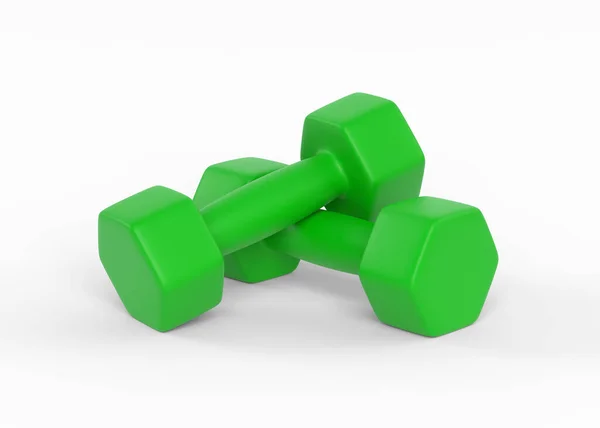 绿色橡胶或塑料健身哑铃隔离在白色背景 健身房和健身器材 解决工具 运动训练和提升的概念 3D渲染说明 — 图库照片