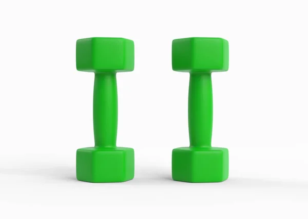 健身哑铃对 两只绿色橡胶或塑料包裹的哑铃重量在白色背景上隔离 训练训练装备 运动和锻炼 体重减轻3D渲染说明 — 图库照片