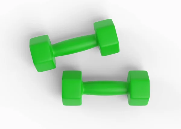 两只绿色橡胶或塑料包裹的健身哑铃隔离在白色背景上 运动器材 3D渲染说明 — 图库照片