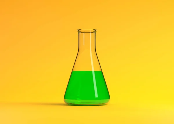 艾伦迈耶瓶 绿色液体 黄色背景 化学瓶 实验室玻璃器皿 最小的概念 3D渲染说明 — 图库照片